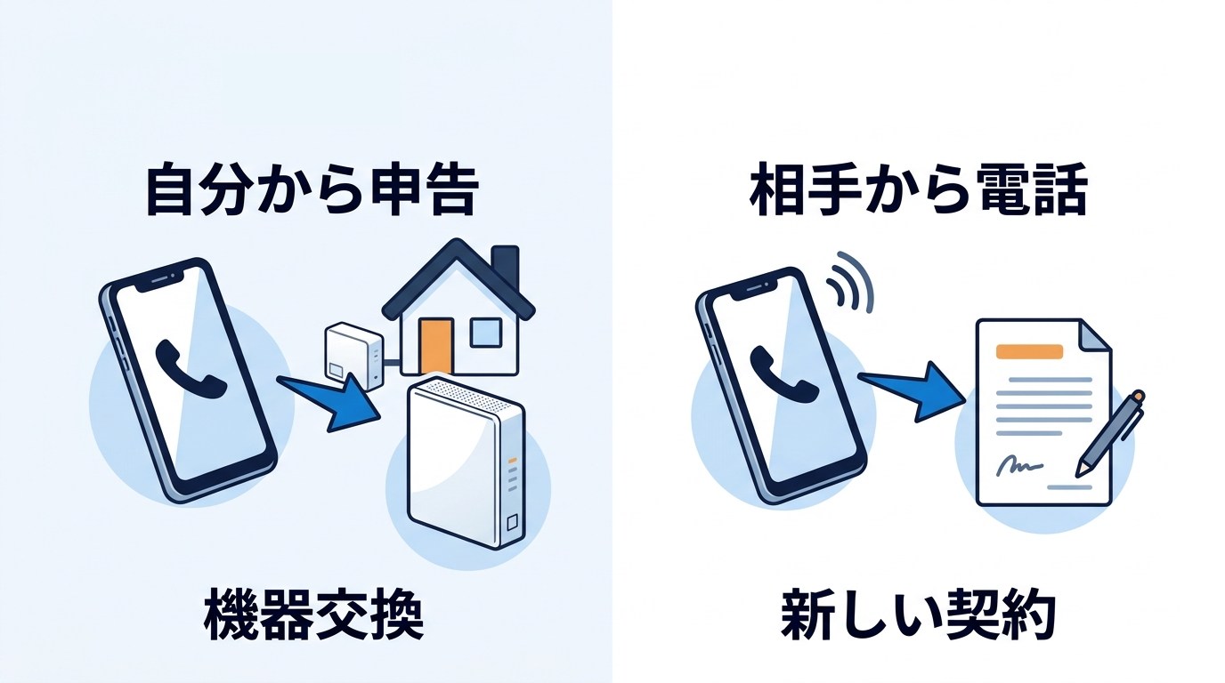 フレッツ光のモデム交換の電話の2種類（自分から申告する機器交換と、相手から電話が来る新しい契約）