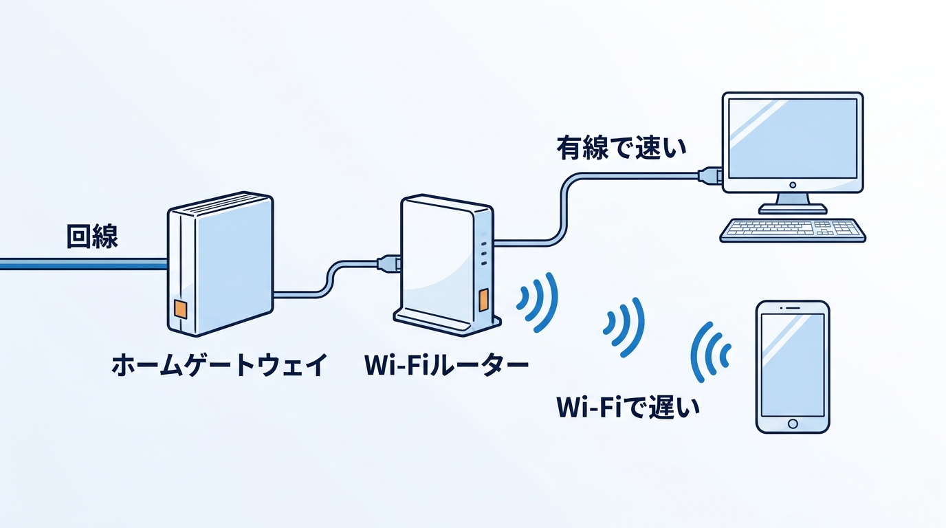 auひかりのWi-Fiと有線の違い(有線で速い、Wi-Fiで遅い)