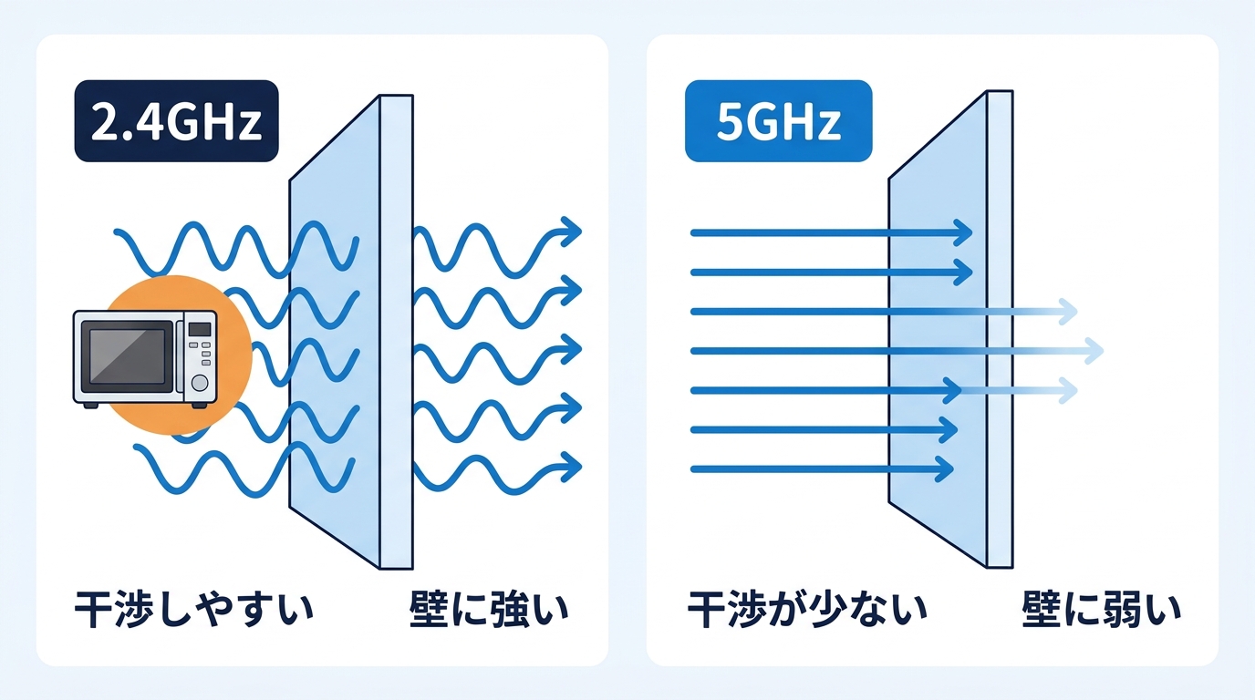 コミュファ光のWi-Fiの2.4GHzと5GHzの違い（干渉と壁への強さ）