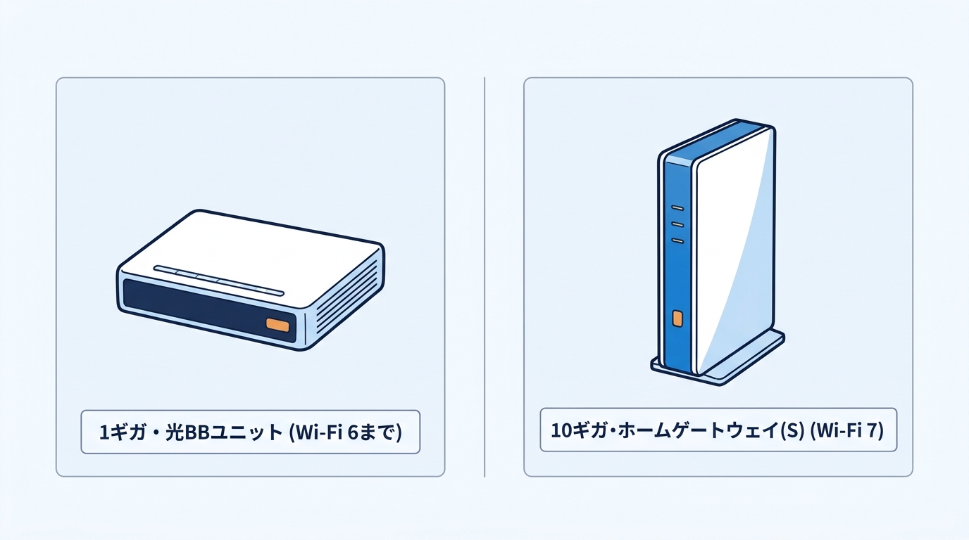 ソフトバンク光の機器(1ギガは光BBユニットでWi-Fi 6まで、10ギガはホームゲートウェイ(S)でWi-Fi 7)