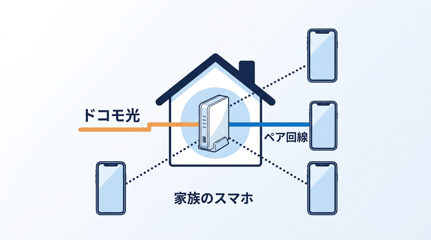ドコモ光のペア回線の仕組み（ドコモ光とペア回線のスマホ、家族のスマホ）