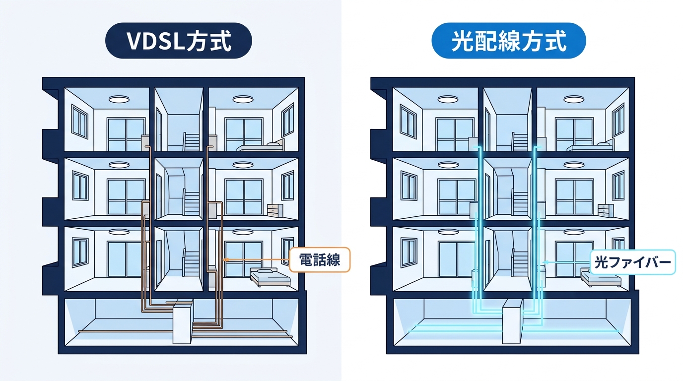 フレッツ光のVDSL方式(電話線)と光配線方式(光ファイバー)の違い