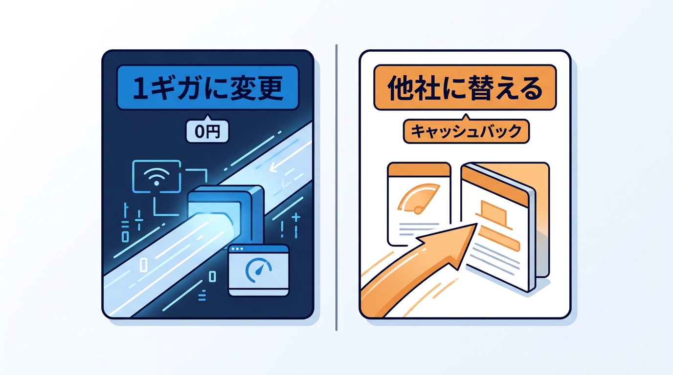 eo光 100Mの値上げで、1ギガに変更(0円)か他社に替える(キャッシュバック)か