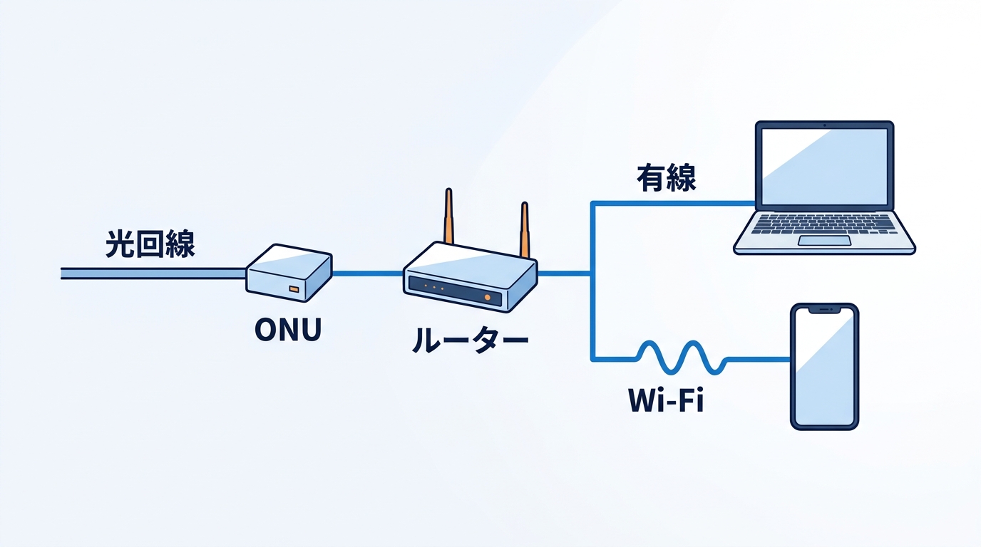 ドコモ光の速度を有線とWi-Fiで測る場所（光回線・ONU・ルーター）