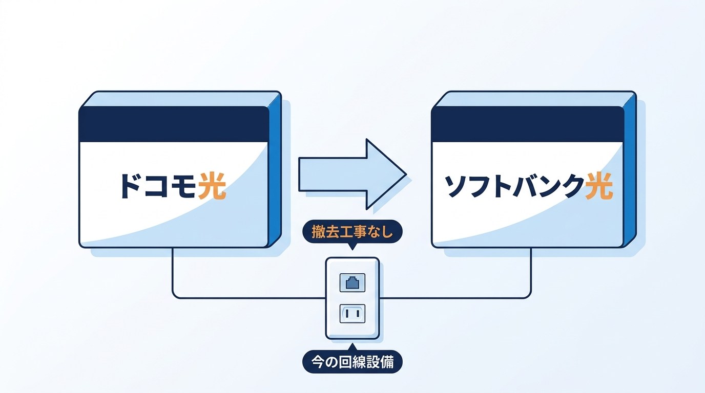 ドコモ光からソフトバンク光への事業者変更は今の回線設備を使うので撤去工事なし