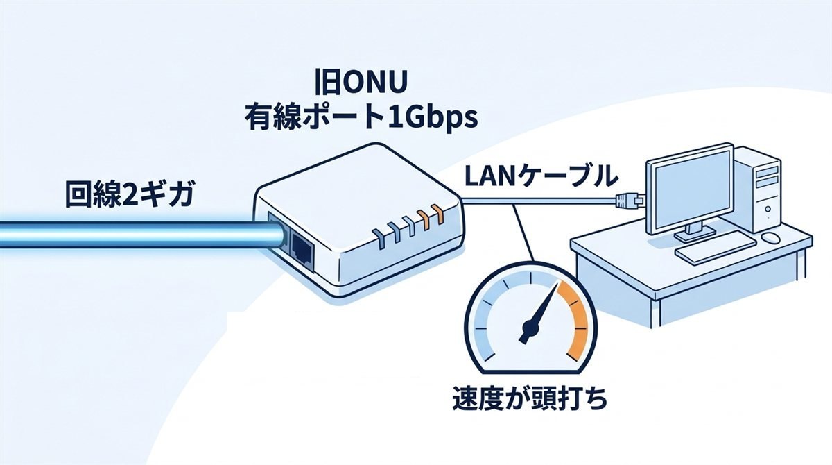 古いONUは有線が1Gbps止まりで2ギガの回線を使い切れない様子