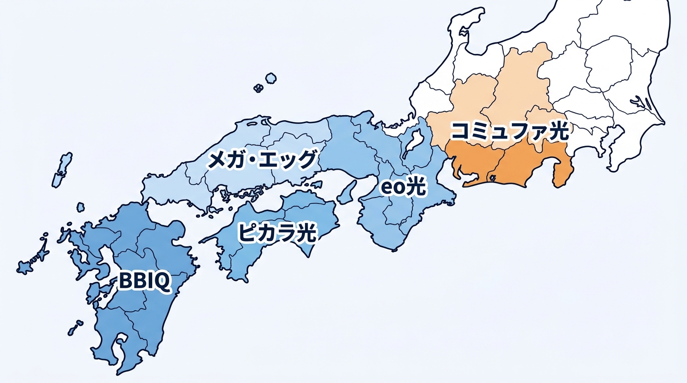 電力会社系の光回線の地域（コミュファ光・eo光・メガ・エッグ・ピカラ光・BBIQ）