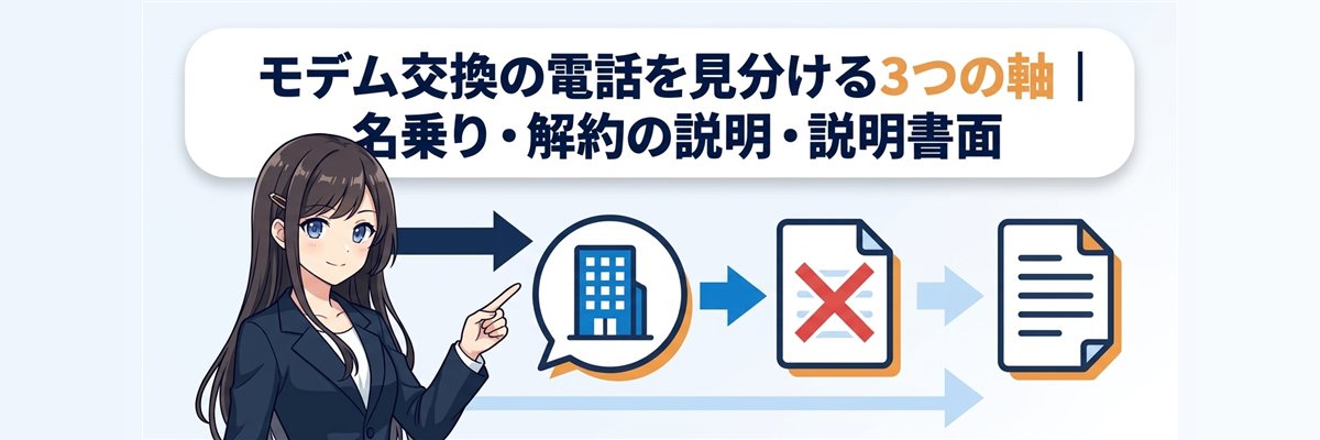 モデム交換の電話を見分ける3つの軸｜名乗り・解約の説明・説明書面