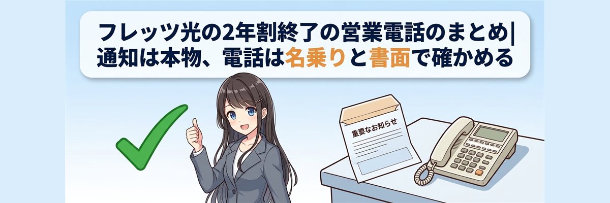 フレッツ光の2年割終了の営業電話のまとめ｜通知は本物、電話は名乗りと書面で確かめる