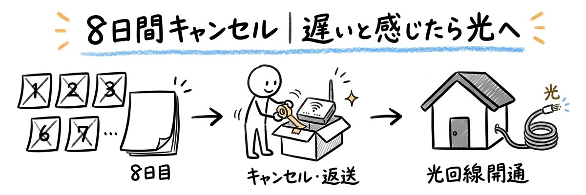 ソフトバンクエアーは8日間キャンセル｜遅いと感じたら返送して光へ