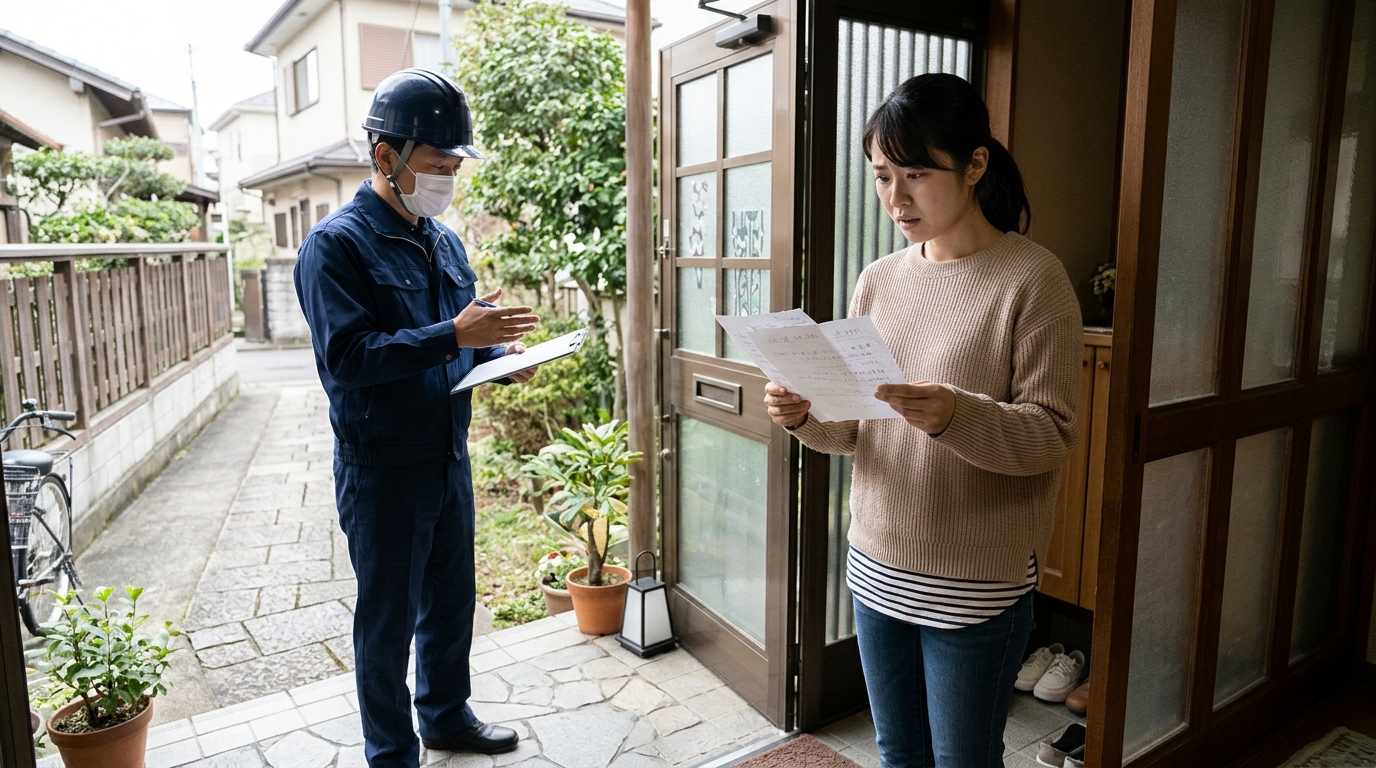 モデム交換の電話のあと、玄関先で工事の説明を受けて書類を見る女性