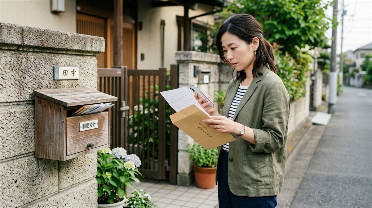 郵便受けの前で、届いた封書とスマホの画面を見比べて考え込む人