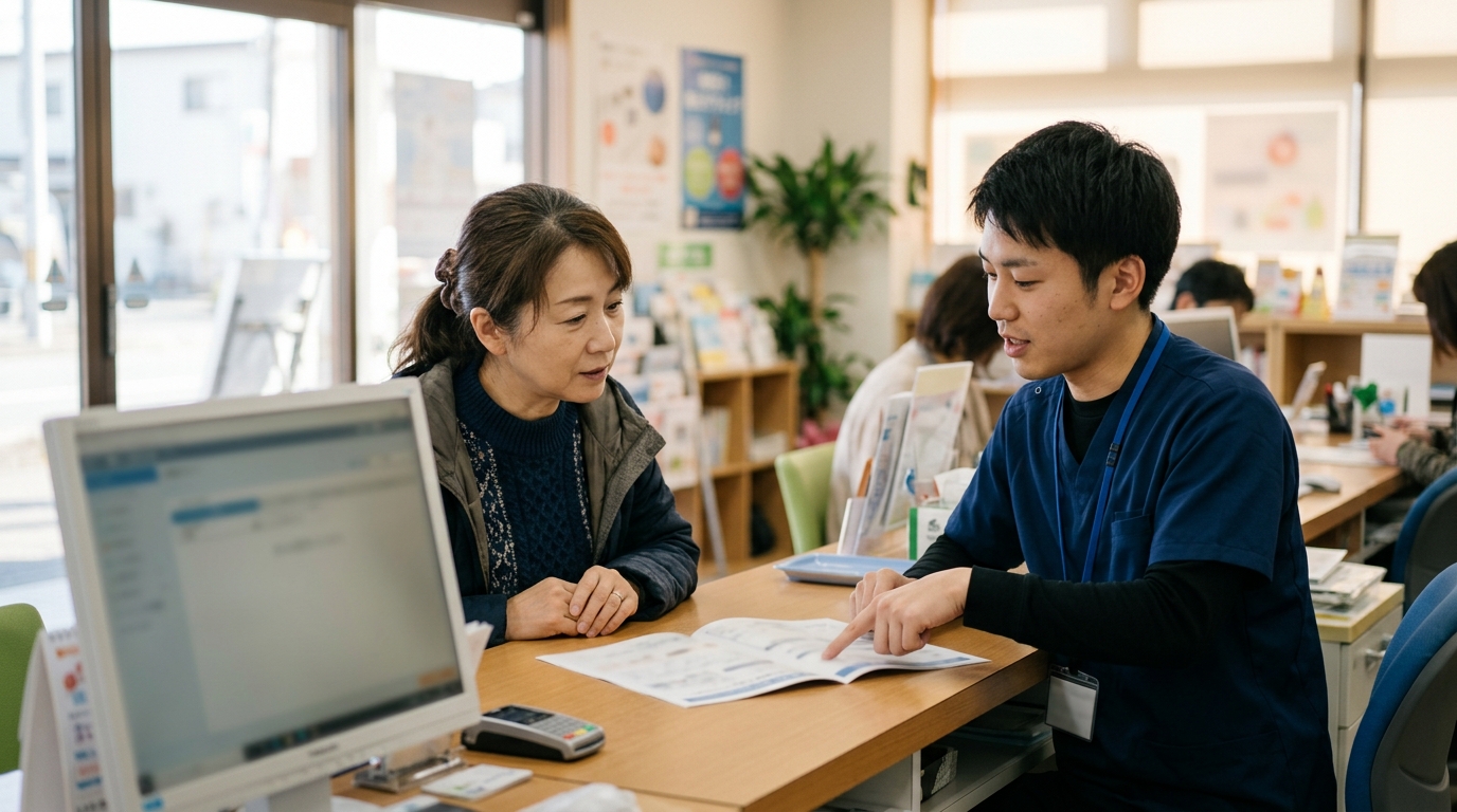 窓口で申込みの説明を受ける人