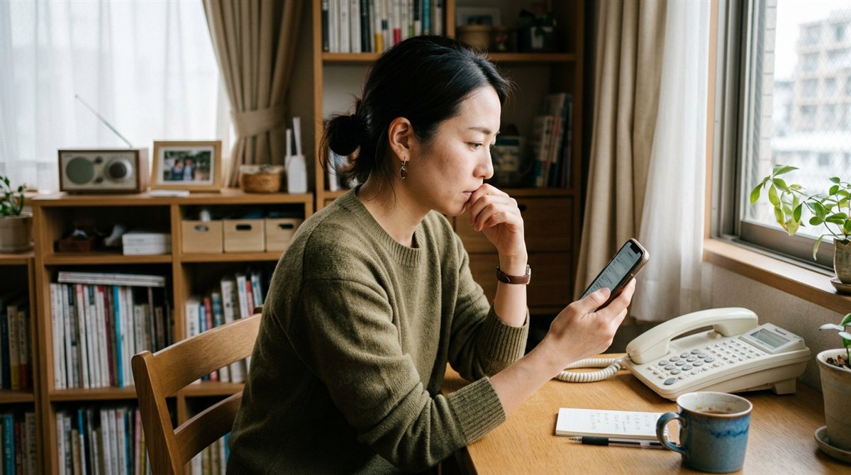 電話のそばでスマホの画面を見て、解約するか迷っている人