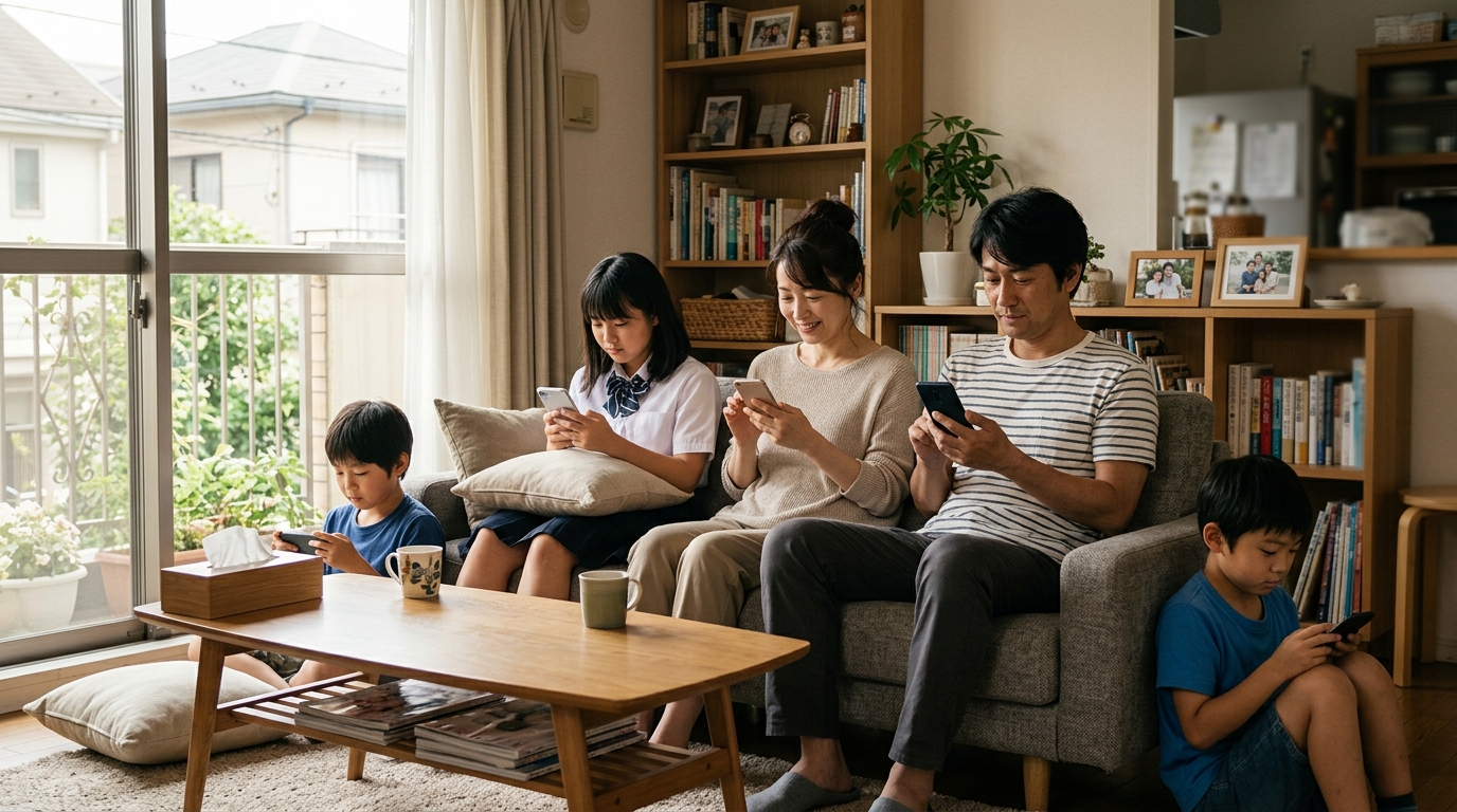 家族それぞれがスマホを使うリビング