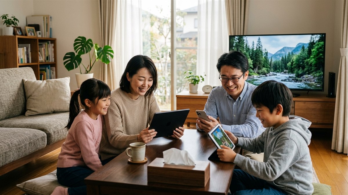 リビングで家族がタブレットやスマホを楽しんでいる様子