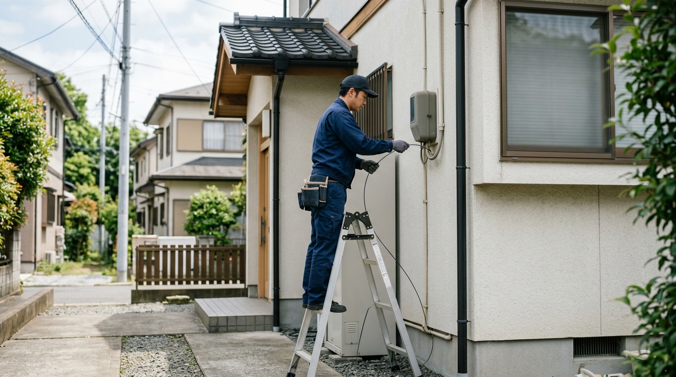 戸建ての外壁に光ファイバーを引き込む工事