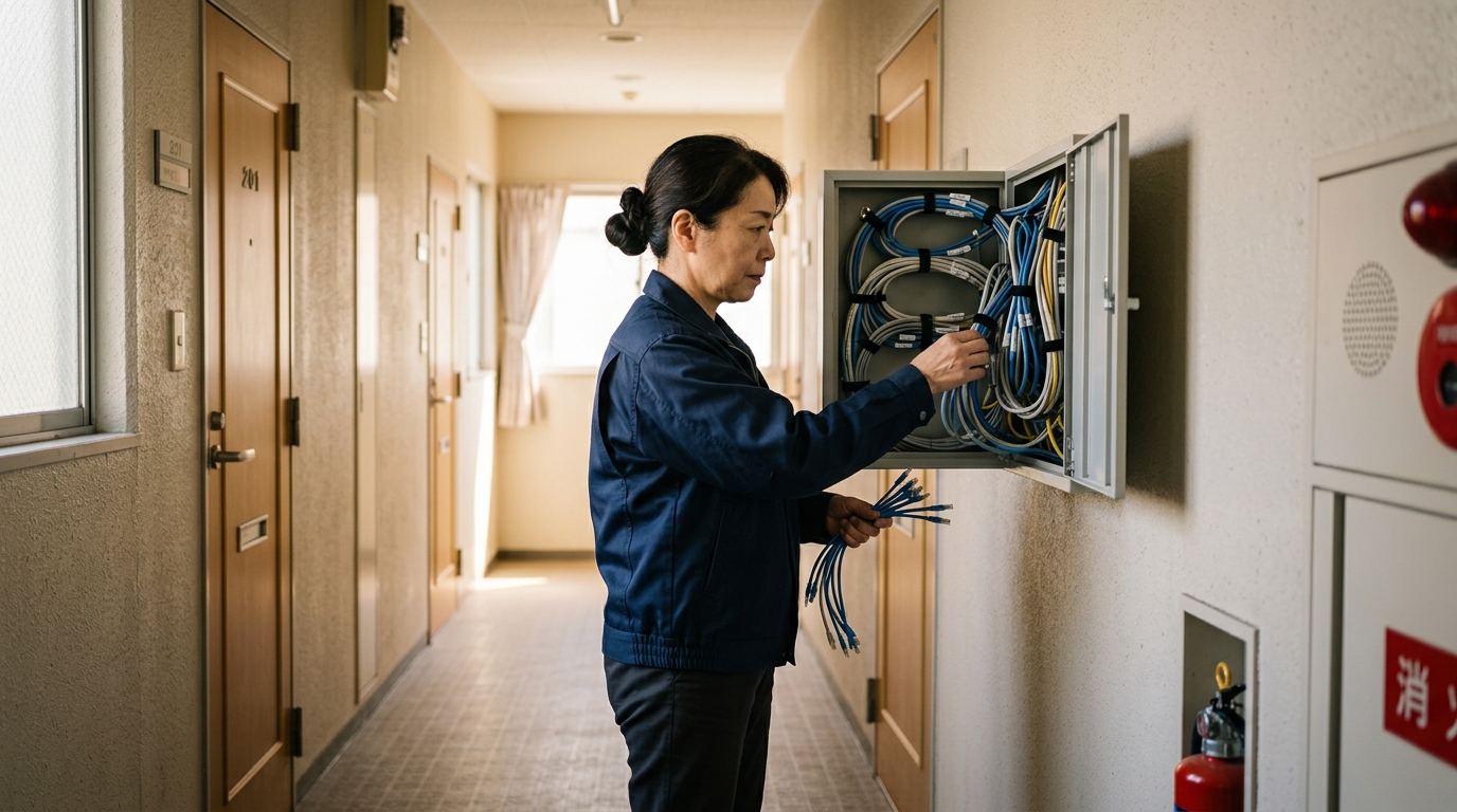 マンションの共用部の通信設備を確かめる管理人