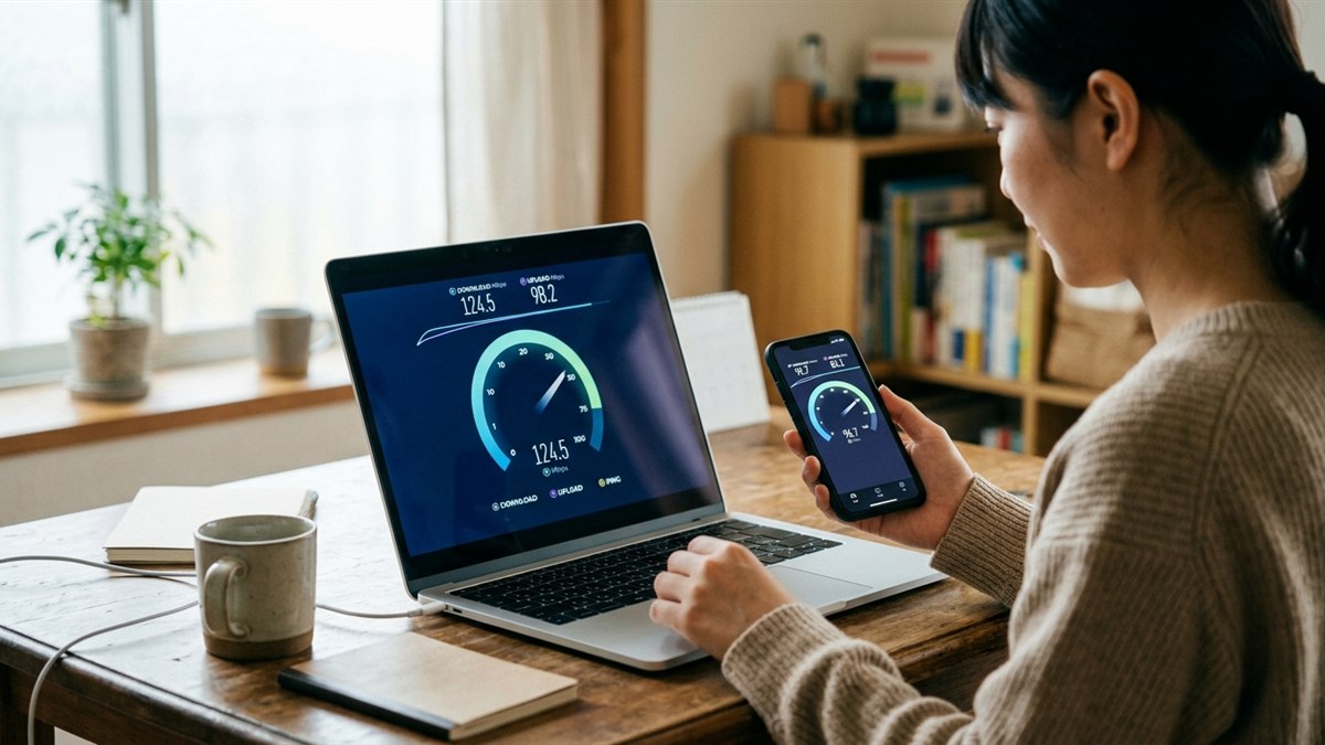 ノートパソコンとスマホで速度を測っている様子