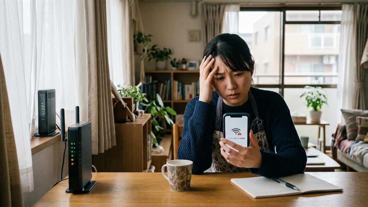 写真風。自宅の部屋で、スマホに「インターネット未接続」と表示
