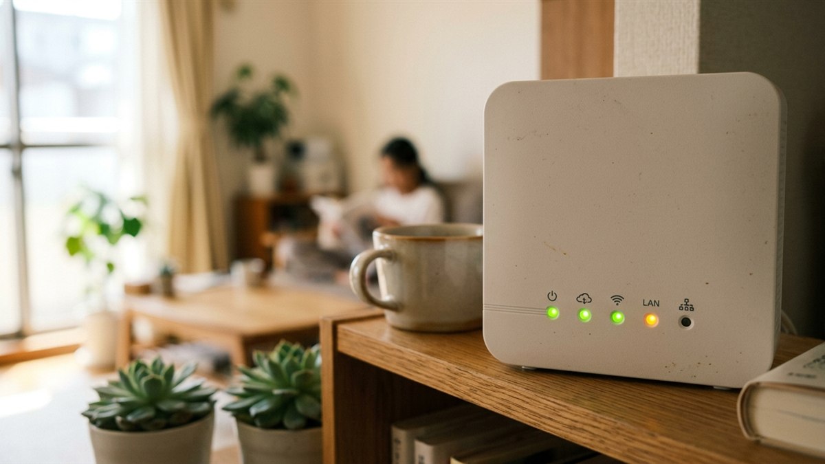写真風。白い箱型のホームルーター正面にある、小さなランプの列