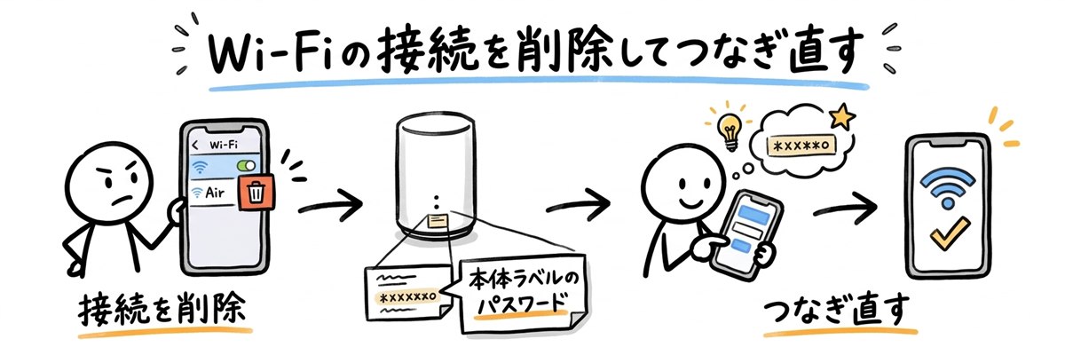 Wi-Fiの接続を削除してつなぎ直す