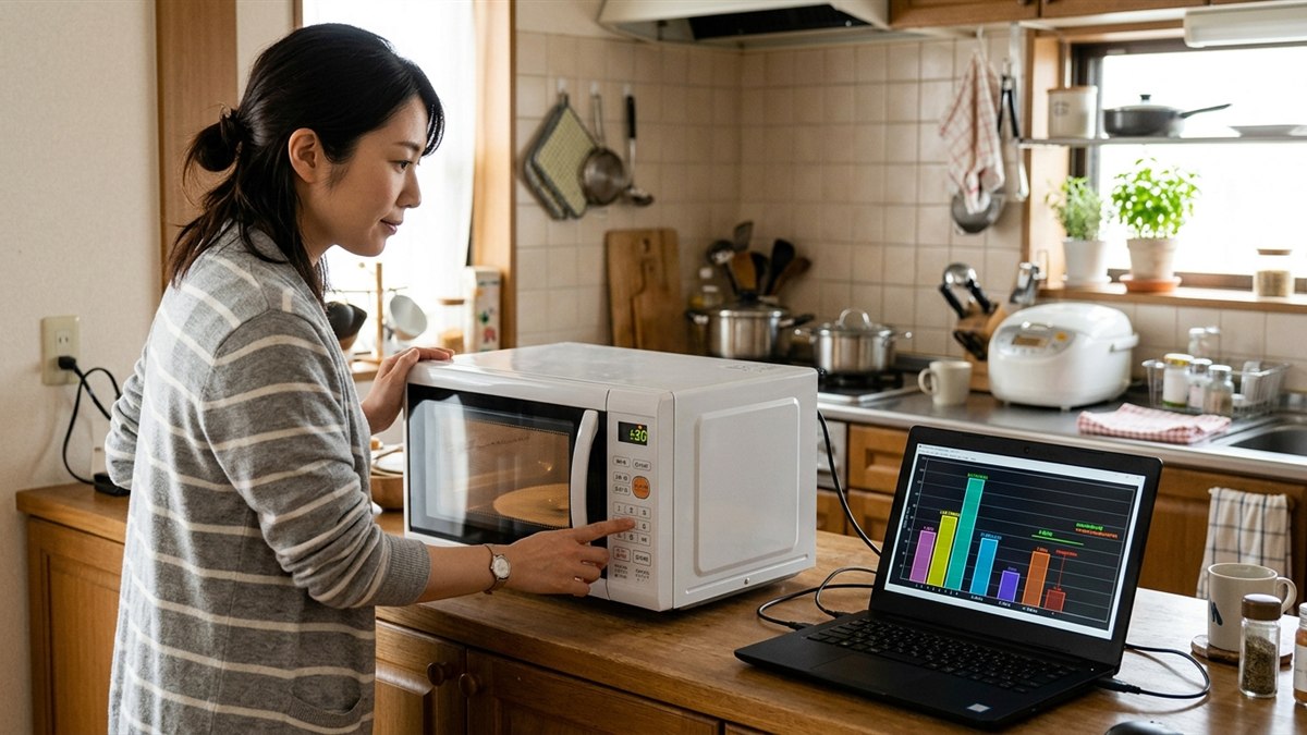 写真風。キッチンで電子レンジを使っている横で、Wi-Fiの電