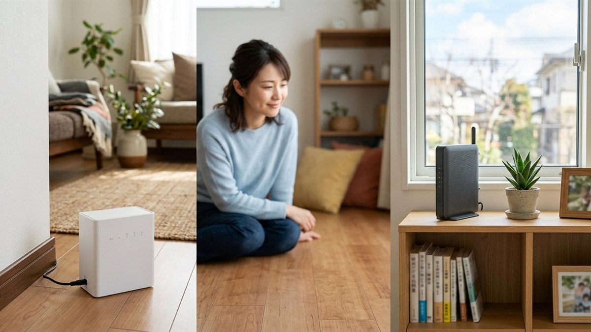 写真風。床の上に直置きされた白い箱型のホームルーターと、窓際