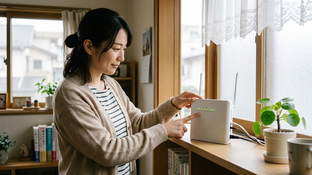 写真風。窓際の棚にホームルーターを置き直して、受信レベルのラ