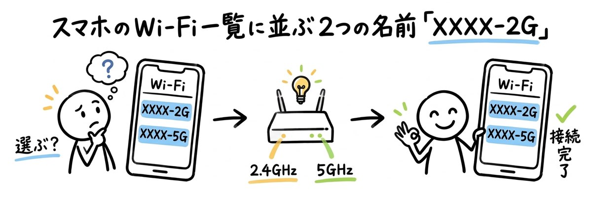 スマホのWi-Fi一覧に並ぶ2つの名前「XXXX-2G