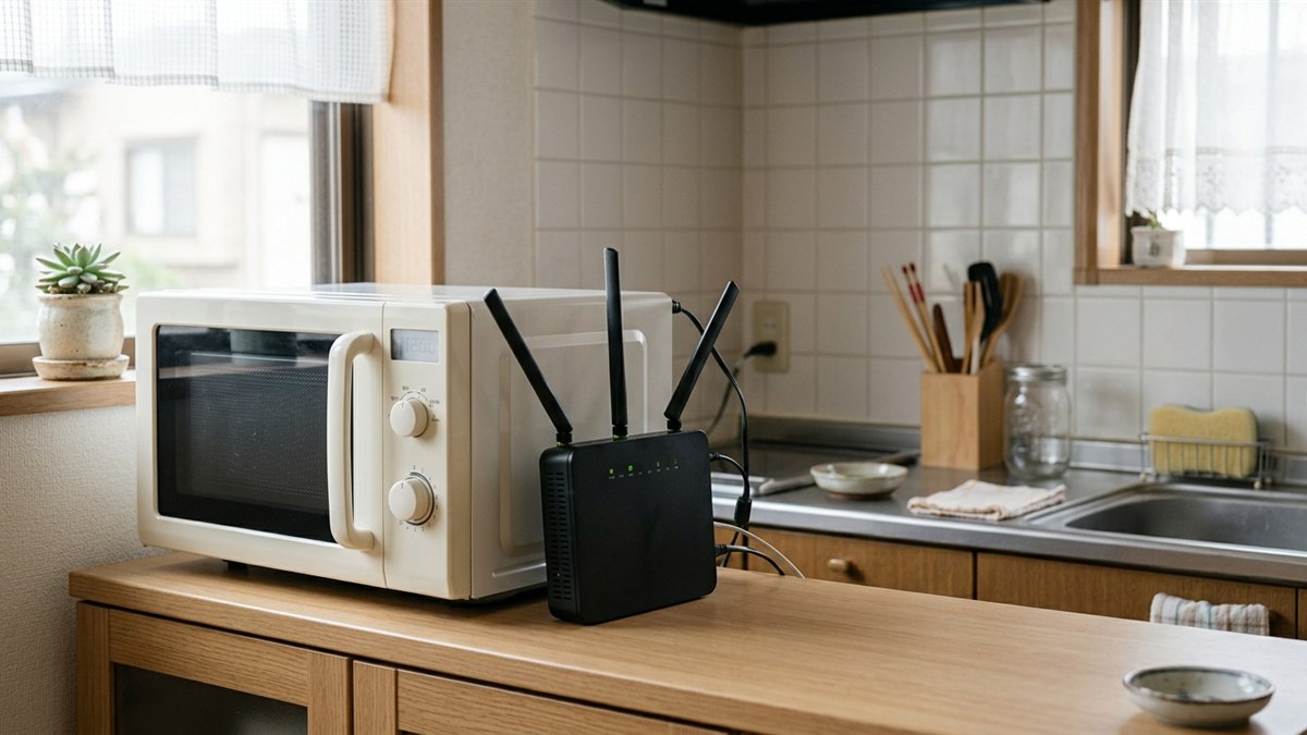 写真風。キッチンの電子レンジのすぐ横にルーターが置かれている
