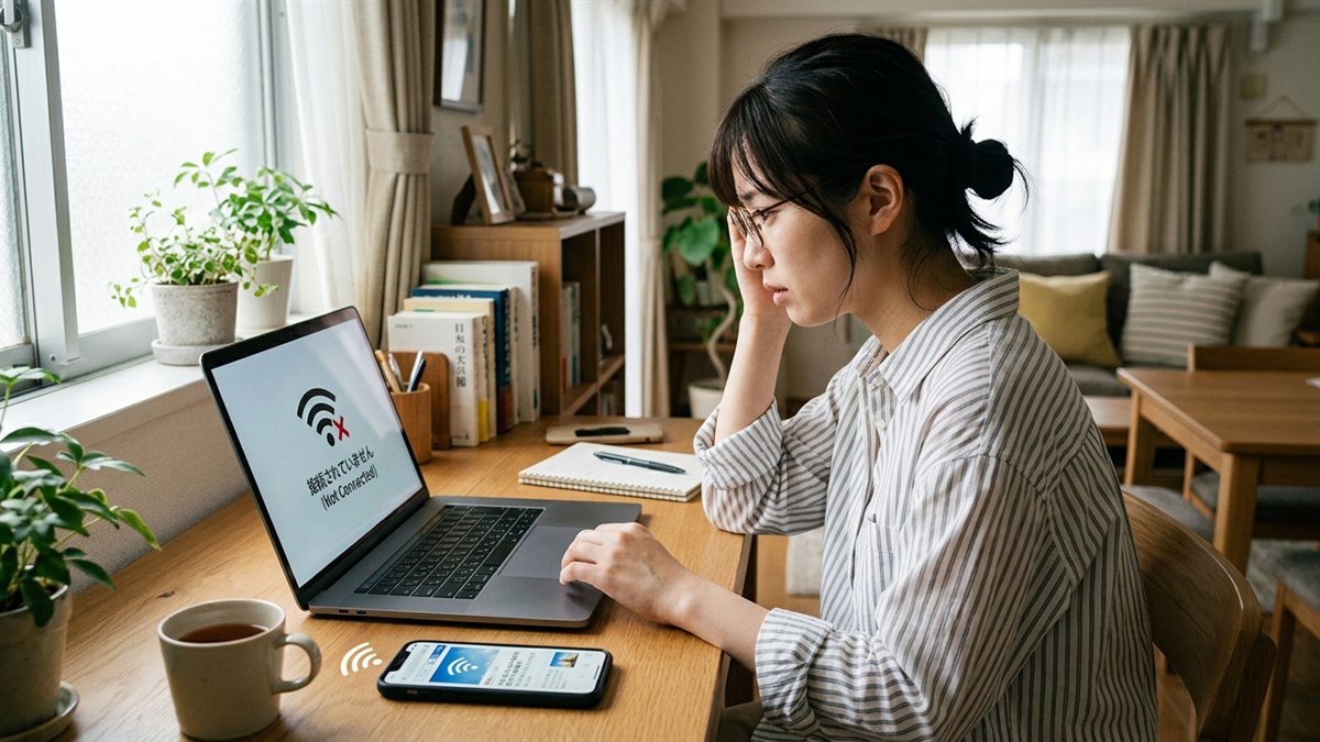 写真風。ノートPCの画面にWi-Fiの接続エラーが出ていて、