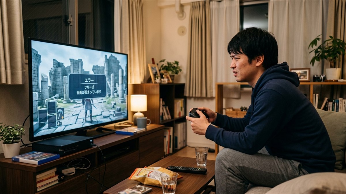 写真風。ゲーム機とモニターの前でコントローラーを持つ人と、画